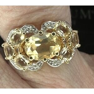 Womens 14K White Gold Over Solid Sterling Silver, Diamonds and Citrine Size 7